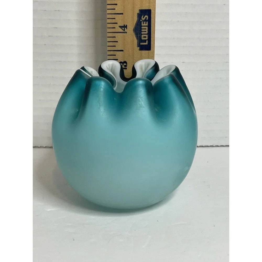 Vintage Blue Satin Glass White Cased Rose Bowl Crimped Edge ~ 3.25 Tall